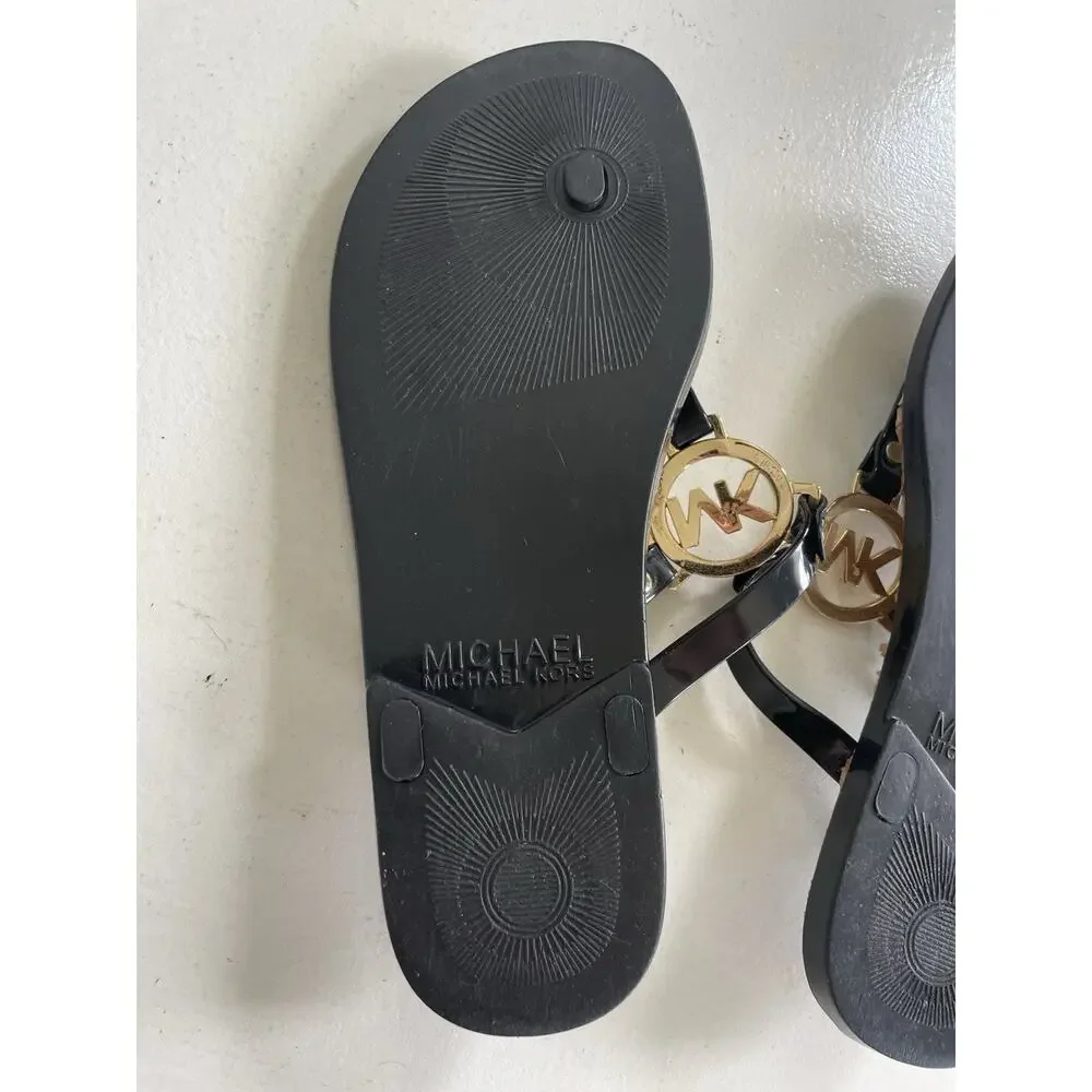 Michael Kors Women Black Logo Thong Sandals Slip On Jelly Summer Flip Flop Sz 7